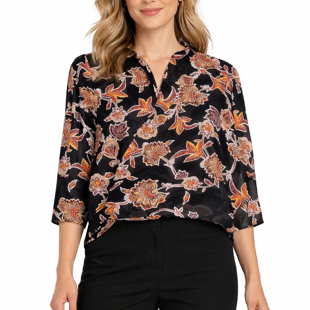 Liz Claiborne Career Floral Blouse Black Brown Orange Sheer Top Large